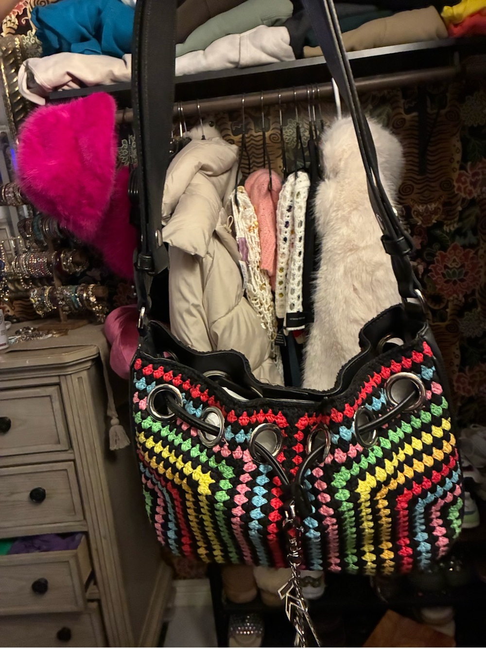 Karl Lagerfield Multicolor Crochet Shoulder Bag with Black Trim
